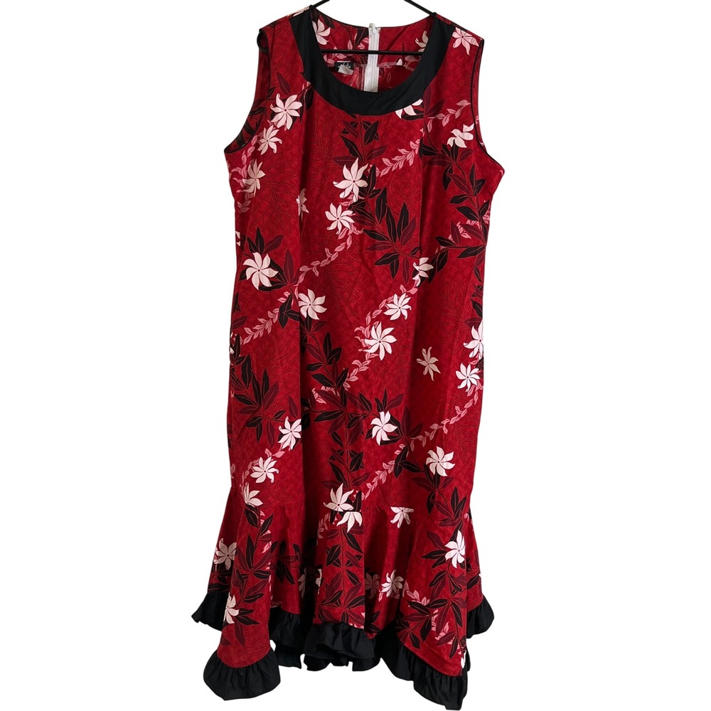 Vintage Hokuβ Hawaii Floral Muumuu Dress Womens 3XL Red Sleeveless Ruffle Hem